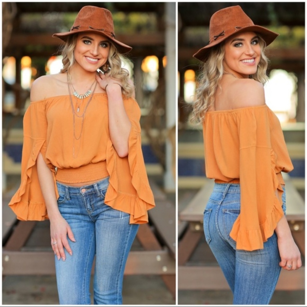 ⭐️ Camel Off Shoulder Ruffle Sleeve Top - Picture 2 of 3